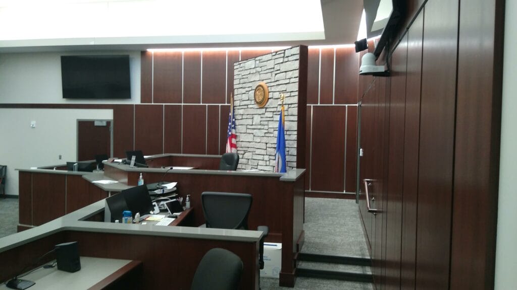 Court room with wood wall panels
