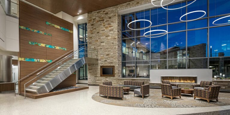 Lobby with color wall panels and large windows
